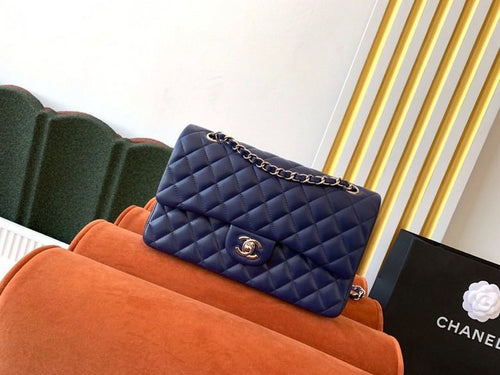 Chanel Classic Flap Bag Silver Hardware Lambskin Leather Spring/Summer Collection Navy Blue